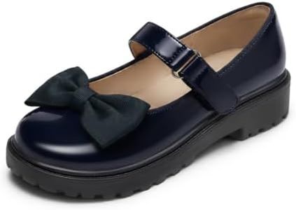 Coutgo Girls Mary Jane Dress Shoes Bow Closed Toe Chunky Heel Flats Platform Loafers School Uniform Shoes, Navy, Size 11