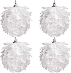 Pine Cone Ornaments (4 Pack) - Large White Sparkling Plastic Pine Cone Christmas Tree Decorations with Strings - Pine Cones for Crafts Wreaths Garlands Thanksgiving Gifts Xmas Party Hanging Décor
