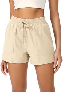 ODODOS Stretch Woven Athletic Shorts for Women High Waist Summer Lightweight Casual Shorts with Pockets,Beige,Medium