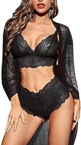 RSLOVE Women Sexy Lingerie Set 3 Piece Lace Kimono Robe with Bra and Panty Sheer Sleepwear Black XXL
