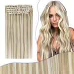 fshine Clip in Hair Extensions Human Hair 22 Inch 150g Double Weft Hair Extensions Clip in Color 16 Dark Blonde Highlighted 22 Light Blonde Extensions 7Pcs Full Head Clip in Real Hair Extension