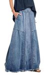 CHARTOU Women's Retro Elastic High Waist Frayed A-Line Maxi Denim Skirt with Pockets, Light Blue, Large