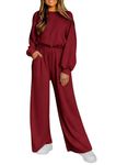 PRETTYGARDEN Women's Fall One Piece Jumpsuits Dressy Casual Long Sleeve Elastic Waist Pockets Wide Leg Long Pants Rompers (Wine Red,Medium)