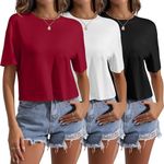 Ficerd 3 Pack Women Crop Tops Half Sleeve Cropped T Shirts Casual Crew Neck Drop Shoulder Loose Summer Solid Color, Black, Red, White, Medium