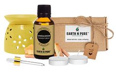 Earth N Pure Diffuser Gift Set | Pack of - 1 Sandalwood Essential Oil Therapeutic Grade - 30ml, 1 Ceramic Aroma Diffuser/Burner, 2 Tealight Candles 1 Glass Dropper | for Home Décor