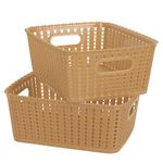 Cutting EDGE Plastic Multipurpose Sturdy Woven Storage Baskets Organiser for Kitchen, Office, Stationery, Cosmetics (Beige, Small), Set of 2