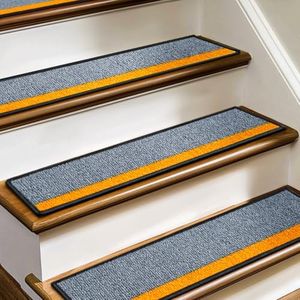 J JIMOO Stair Treads Non Slip for Wooden Steps, 15 PCS 8" X 30" Stair Carpet Runner Indoor with Extra Adhesive, Edging Staircase Rugs for Kids Pets Elders, Gray&Orange