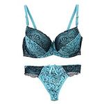 Swbreety Women's Sexy Lace Bra Set Deep V Padded Bra and Thong Underwear Blue