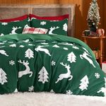 Bedsure Fluffy Christmas Duvet Cover Set - Ultra Soft Plush Shaggy Comforter Cover Queen Size, Warm Flannel Fleece Bed Sets for Winter, 3 Pieces, Reindeer Pattern, Green