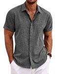 COOFANDY Men's Linen Shirts Short Sleeve Casual Shirts Button Down Shirt for Men Beach Summer Wedding Shirt, Dark Grey, X-Large