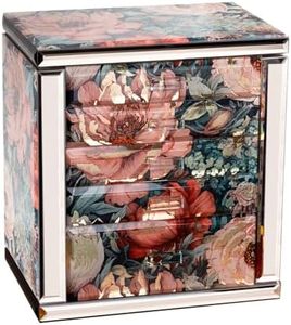 Homruilink High End Glass Jewelry Box, 5 Layer Jewelry Organizer for Women, Side Doors & Mirror, Velvet-Lined Storage for Rings & Necklaces, Ideal Gift (Peony)