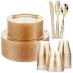 MATANA 360 Pcs Reusable Gold Plastic Dinnerware Set for 60 Guests - 60 Dinner & 60 Dessert Plates, 60 Cups, 180 Cutlery Set (60 Knives, 60 Forks & 60 Spoons) - for Weddings, Parties