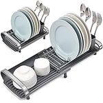 Expandable Dish Drying Rack, Compact Dish Rack, Stainless Steel Dish Drainer with Removable Cutlery Holder, Anti Rust Plate Rack, Small Sink Drainer for Sink or Kitchen Countertop, Grey