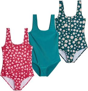 Real Essentials 3 Pack: Girls One Piece Swimsuit Bathing Swim Suit Girl 1-Piece Kids Tankini Swimsuits Teen Beach Little Swimwear Kid Outfit Swimming Surf Teen Matching Cute - Set 4, S (8)