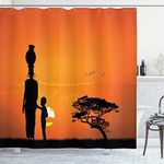 Ambesonne African Shower Curtain, and Mother at Sunset Walking in Savannah Desert Dawn Kenya Nature Image, Cloth Fabric Bathroom Decor Set with Hooks, 69" W x 70" L, Orange Black