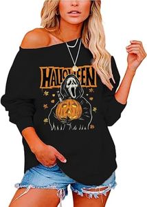 esoaripe Womens Holiday Off the Shoulder Long Sleeve Loose Slouchy Sweatshirt Pullover Letter Printed Tops, Halloween-skullman, Small