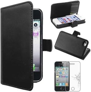 ebestStar - Coque Compatible avec iPhone 4, 4S Apple Etui PU Cuir Housse Portefeuille Porte-Cartes Support Stand, Noir + Film Protection écran Verre Trempé [Appareil: 115.2 x 58.6 x 9.3mm, 3.5'']