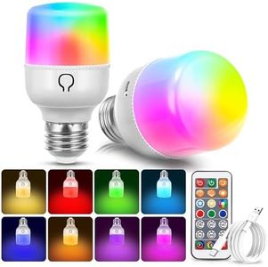 Fulighture 2 Pack Wireless Rechargeable Light Bulbs, E26 Battery Operated Light Bulb with Remote Control, Type-C Charging, RGB + Warm/Cool White, Perfect for Areas Without Hardwiring