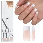 BTArtbox French Tip False Nails - XCOATTIPS Long Square Nail Tips, Nude Press on Nails, Pre-applied Tip Primer & Base Coat Cover, Soft Gel Fake Nails for Nail Extension