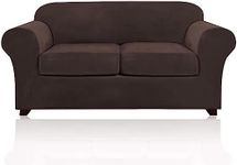 PrinceDeco Velvet Stretch 3 Piece Loveseat Covers for 2 Cushion Couch Loveseat Slipcovers (Base Cover and 2 Individual Seat Cushion Covers) Thick Sofa Covers Bonus Two Elastic Straps (Loveseat, Brown)