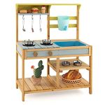 Costzon Wooden Kids Play Kitchen, Outdoor Mud Kitchen with Removable Sink, Water Box & Faucet, Stove Top, Storage Shelves, Fun Backyard Pretend Kitchen Playset for Boys Girls 3+ (Blue)