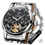 OLEVS Mens Watch Automatic Mechanical Tourbillon Self Winding Luxury Stainless Steel Waterproof Luminous Date Wrist Watch, black face, Mechanical,Self-winding