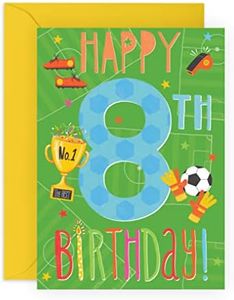 CENTRAL 23 Biglietto di auguri per 8° compleanno per ragazzi – Biglietti di compleanno di calcio – Regali per nipote figlioccio nipote – Ottavo Bday – Otto anni – Viene fornito con adesivi divertenti