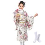 KRUIHAN Japanese Kimono Kids,Girls Kimono Dressing Gown,Kids Satin Yukata,Kids Spa Party Robes,with Folding Fan and Tabi Socks,White,140