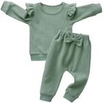 Infant Baby Girls Clothes Solid Color Long Sleeve Ruffle Pullover Sweatshirt Tops Pants Tracksuit 2PCS Outfits Set Green 2-3T