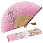 OMyTea "Grassflower" Folding Hand Held Fan for Women - Chinese/Japanese Vintage Retro Style - With a Fabric Sleeve for Protection (Red)