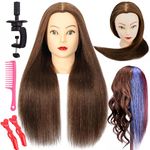 simnient Mannequin Head with 100% Real Human Hair, 20" Brown Real Hair Cosmetology Manikin Head Hair Styling Hairdressing Practice Cutting Styling Training Doll Heads with Clamp Holder and Tools