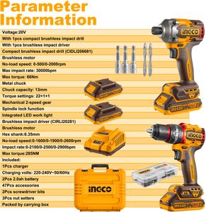 INGCO 20V Brushless Impact Driver & Drill Twin Pack – 2 Batteries, Charger