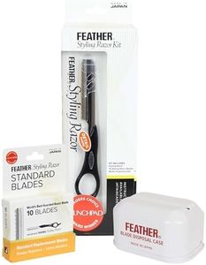Feather - Detail Razor Standard Kit – Ergonomic 6 1/4 inch Black Razor Handle 10 Guarded Replacement Blades & Metal Disposable Case – Hair Cutting and Grooming – Japanese Stainless Steel