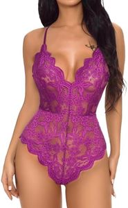 Buitifo Women Lace Bodysuit One Piece Babydoll Backless Mini Teddy V Neck Lingerie(Purple 1,XL