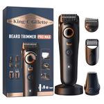 King C Gillette Cordless Beard Trimmer PRO MAX for Men with 40 Length Settings and Style Lock. 1 Trimmer, 1 Cleaning Brush, 4 Interchangeable Combs, 1 Charging Stand, and 1 Zip Pouch