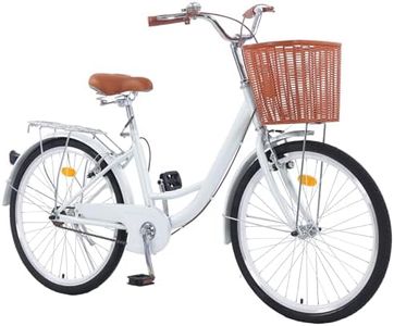Hybrid Bikes for Women, 24 inch Adult Bicycles Lightweight Hi-Ten Steel Frame Road Bike Single Speed with Rear Rack and Basket, Commuter City Bike, Comfort Lady Bicycle, Vintage Adult Bike, White