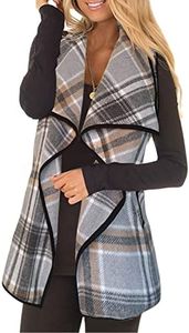 YACUN Women Plaid Vest Lapel Open Front Sleeveless Jacket Outerwear Cardigan with Pockets Gray M