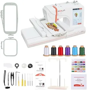 POOLIN Computerized Embroidery Machine for Clothing, 7'' Large LCD Touchscreen, 4" x 9.2" Large Embroidery Area for Beginners, Home Embroidery Machine EOC05 Combo Include Threads&Tear Away Stabilizer&Bobbins