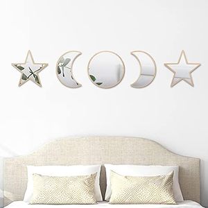 Jetec 5 Pieces Boho Moon Star Wall Decor, Acrylic Sun Phase Mirror Set, Scandinavian Natural Wooden Bohemian for Home Living Room Not Real