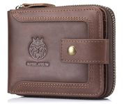 SCHLATUM Genuine Leather Zipper Wallet for Men RFID Blocking Large Capacity Classic Wallet with Coin Pocket ID Window, Coffee, Vintage & Classic