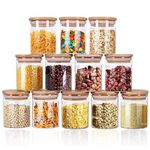 Yibaodan Glass Jars Set 250ml, 12 Set Spice Jars with Bamboo Lids Airtight and Labels Small Food Cereal Storage Canister for Home Kitchen Tea Herbs Coffee Flour Herbs Grains