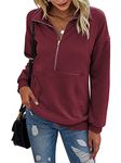 RANPHEE Womens Zipper Sweatshirt Burgundy Long Sleeve Fall Casual Pullover Sweater Quarter-Zip Hoodies Fall Fashion Trendy Clothes 2024 Loose Activewear Running Jacket XL