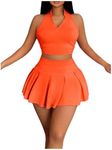 SOLY HUX Women's Summer 2 Piece Outfits Half Zip Crop Tank Tops and Mini Pleated Skirt Set Plain Orange Medium