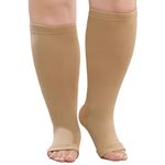 PUTUO Plus Size Compression Socks: Wide Calf Graduated Compression Stockings Men Women Open Toe Extra Large Compression Sock for Support Flight Travel Pregnancy Nurses 20-30 mmHg Beige 4XL 1Pairs