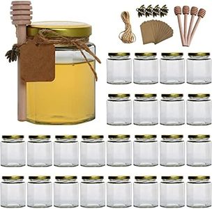 Woaiwo-q 6 oz Hexagon Glass Honey Jars, Glass Jars with Gold Lids,Bronze Bee Pendants,Wooden Honey Sticks,Small Tags,1.5m Jute Twine -Clear Hexagon Jars for Honey,Jams, Liquid.(25 Pcs)……