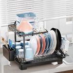 iSPECLE Dish Drainer Rack - Large Capacity 2 Tier Dish Racks for Kitchen Counter with Drainboard & Pan Slot, Multifunctional Dish Drying Rack with Cup Holder & Utensil Holder, Black