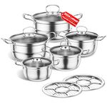 Stainless Steel Cookware Set, 12 Piece Kitchen Induction Cookware Set, Works with Induction/Electric and Gas Cooktops, Kitchen Cooking Set with Glass Lid (Classic Silver)