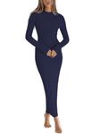 BONITEE Womens Bodycon Dresses Fall Midi Dresses Casual Maxi Dresses Sexy Night Out Club Slim Long Sleeve Dress 2024 Navy Blue,L