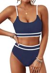 BMJL Women's High Waisted Bikini Ribbed Two Piece Swimsuit High Cut Color Block Adjustable Straps Bathing Suit(XL,Navy Blue)