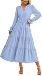 PRETTYGARDEN Women's Fall Maxi Dress Long Sleeve V Neck Tiered Ruffle Flowy A Line Cocktail Party Dresses (Light Blue,Medium)